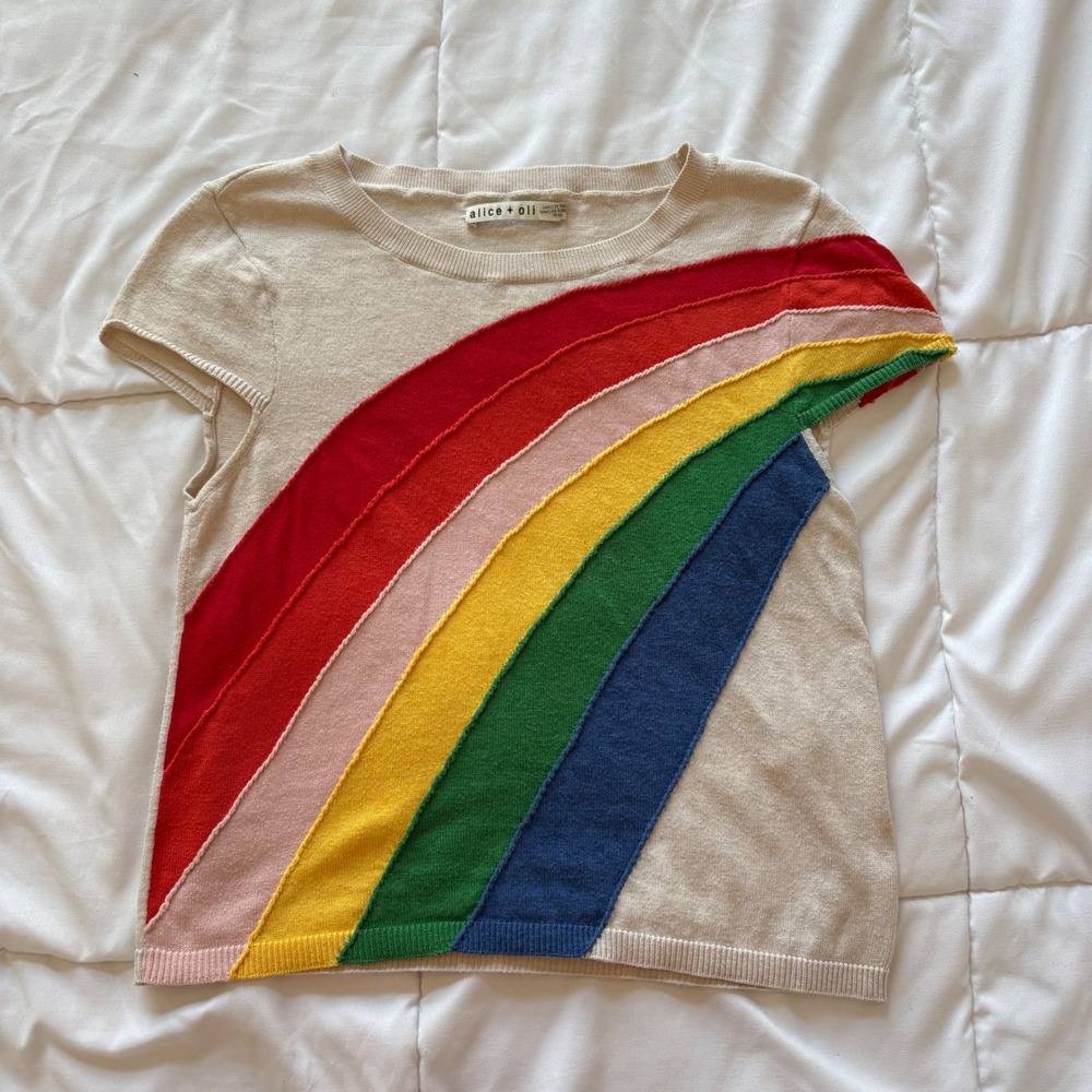 Alice + Olivia Rainbow Stripe Short Sleeve Knit Top Beige XS Quiet Luxury